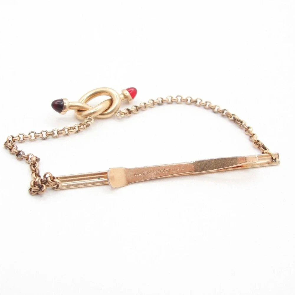 Vintage Krementz Gold Overlay Love Knot Tie Chain Clasp Red Ruby Glass Cabochon
